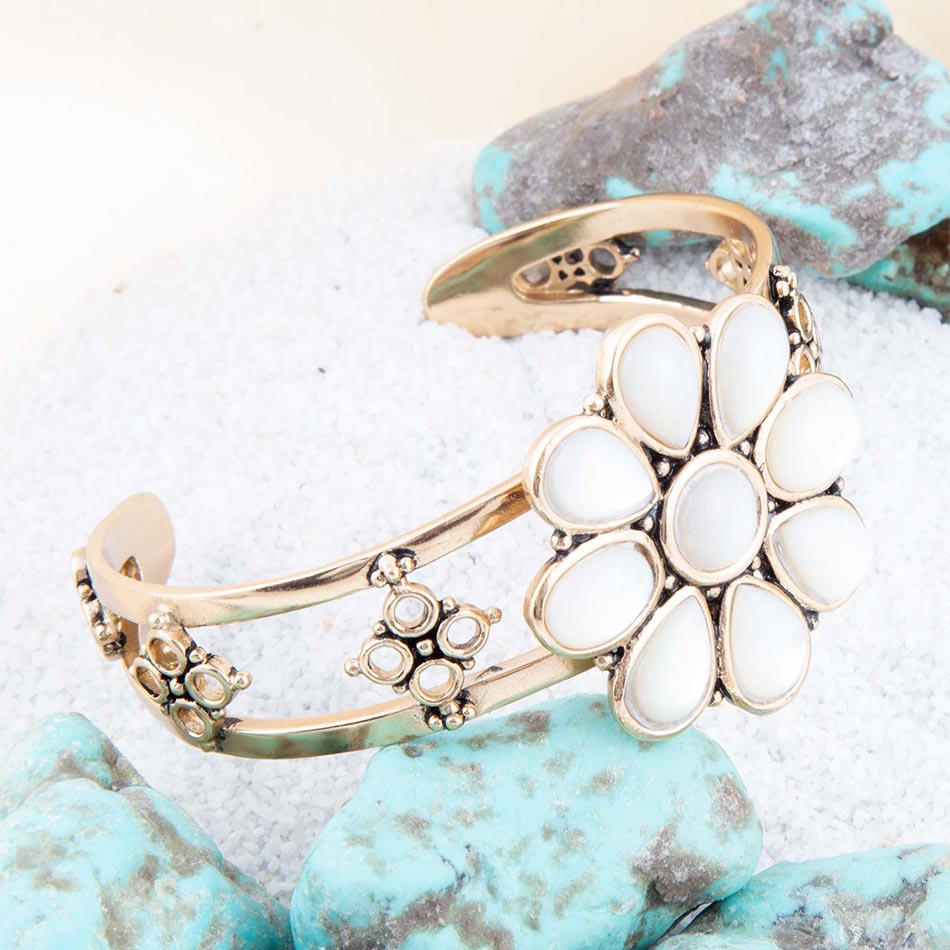 Hibiscus White Mother of Pearl and Golden Cuff Bracelet Barse Jewelry