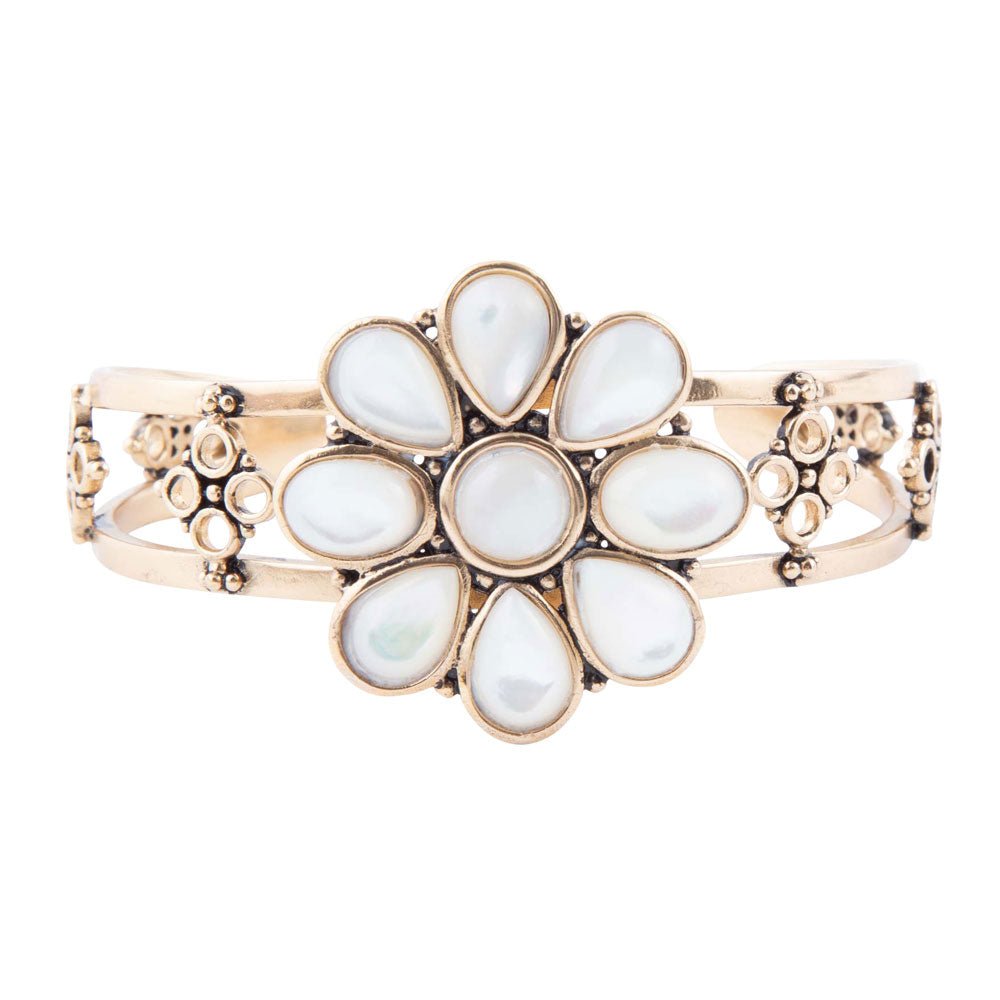 Hibiscus White Mother of Pearl and Golden Cuff Bracelet Barse Jewelry