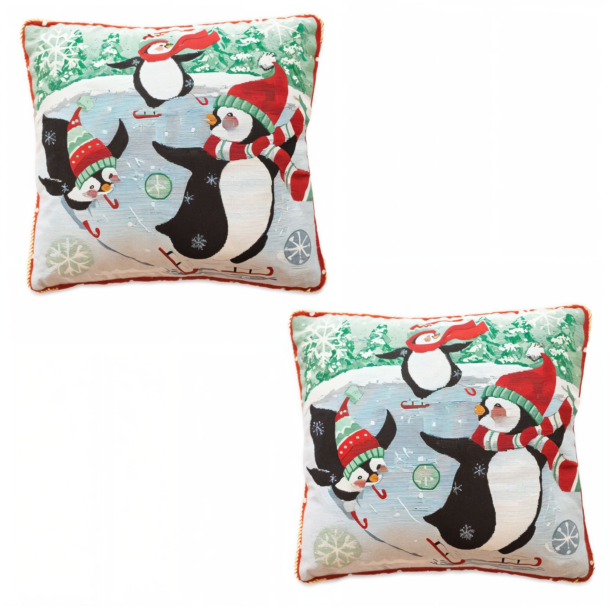 Set of 2 Skating Penguins Christmas Throw Pillow Covers BestPysanky
