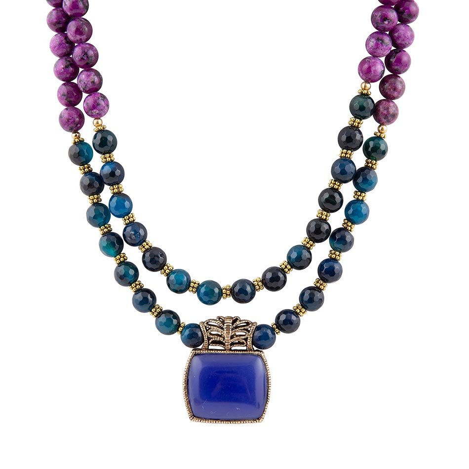 Indigo Blue Agate Pendant Statemen Golden Necklace Barse Jewelry