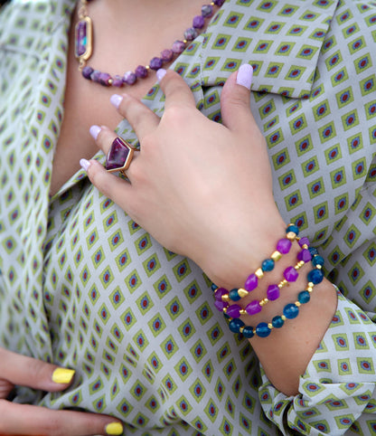 Indigo Blue Purple Agate Stack Golden Bracelet Set Barse Jewelry