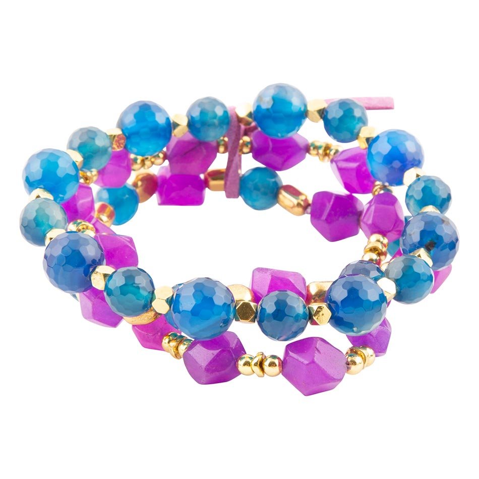 Indigo Blue Purple Agate Stack Golden Bracelet Set Barse Jewelry