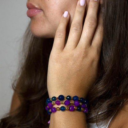 Indigo Blue Purple Agate Stack Golden Bracelet Set Barse Jewelry