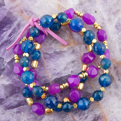 Indigo Blue Purple Agate Stack Golden Bracelet Set Barse Jewelry