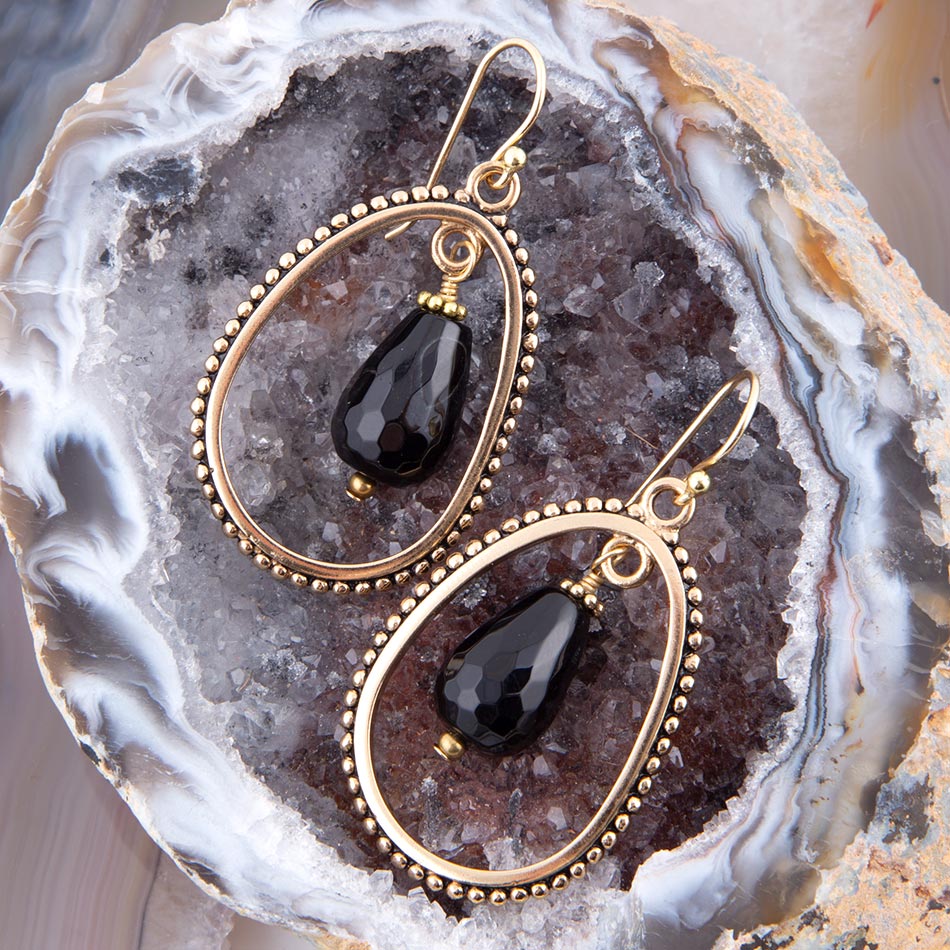 Inline Black Onyx Drop Golden Earrings Barse Jewelry