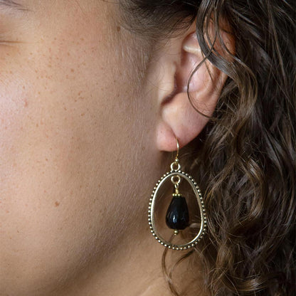 Inline Black Onyx Drop Golden Earrings Barse Jewelry
