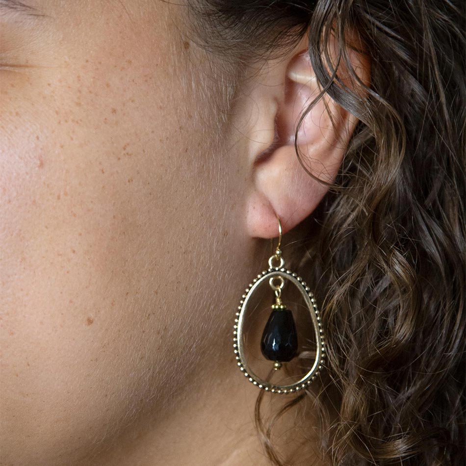 Inline Black Onyx Drop Golden Earrings Barse Jewelry