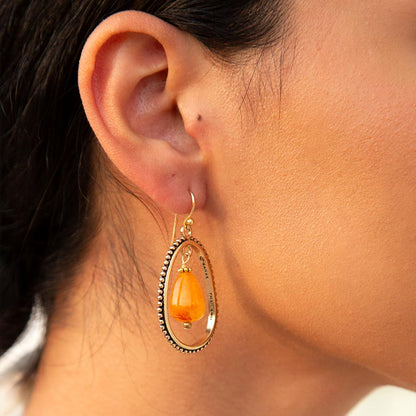 Inline Orange Jade Drop Golden Earrings Barse Jewelry