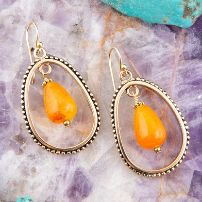 Inline Orange Jade Drop Golden Earrings Barse Jewelry