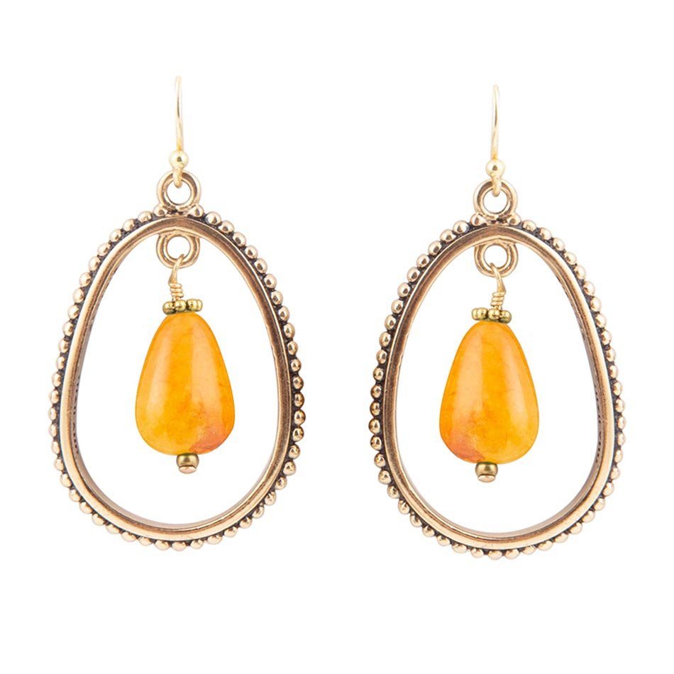 Inline Orange Jade Drop Golden Earrings Barse Jewelry