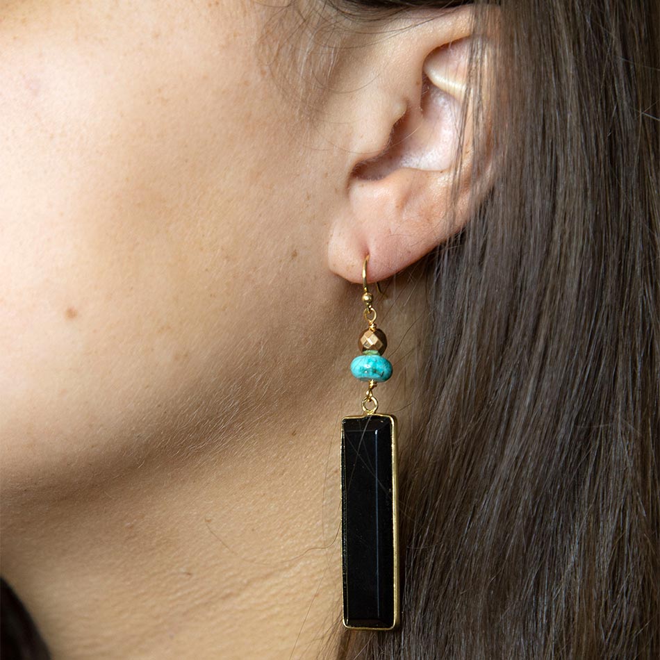 Jett Black Onyx Linear Golden Drop Earrings Barse Jewelry