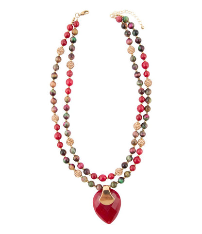 Jeweled Multi-Color Tiger's Eye and Rasberry Quartz Pendant Golden Necklace Barse Jewelry