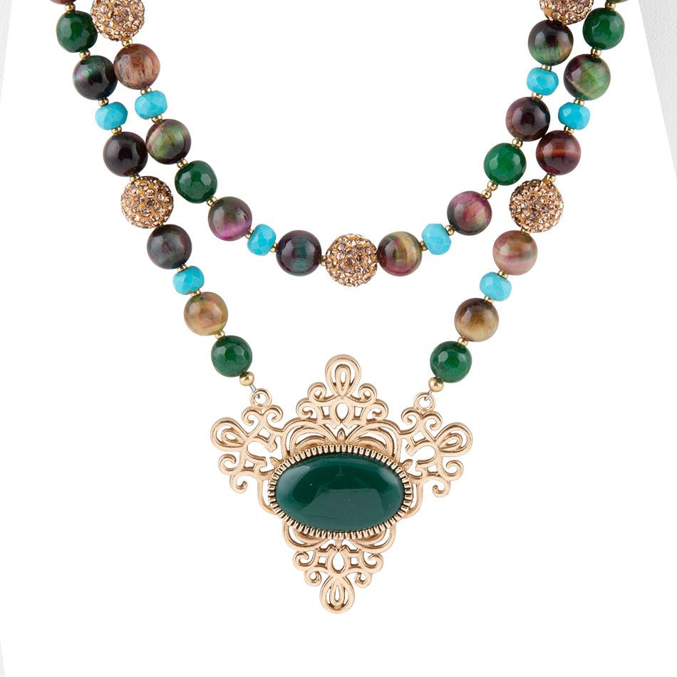 Jeweled Tyger's Eye and Green Onyx Golden Pendant Necklaces Barse Jewelry