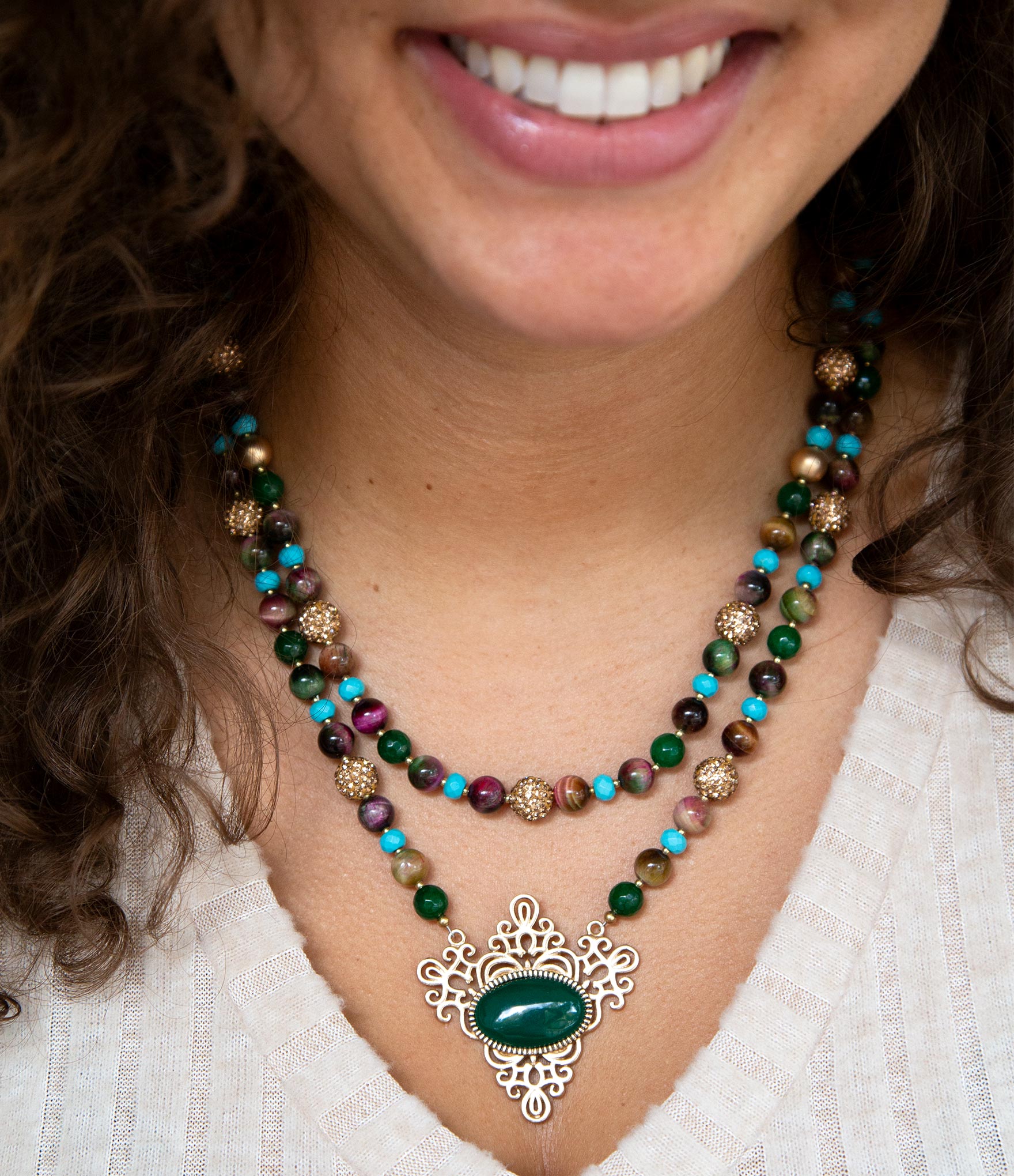 Jeweled Tyger's Eye and Green Onyx Golden Pendant Necklaces Barse Jewelry