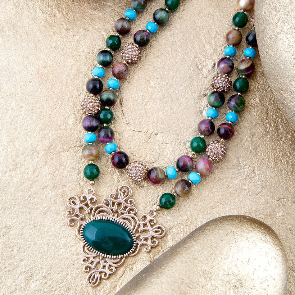 Jeweled Tyger's Eye and Green Onyx Golden Pendant Necklaces Barse Jewelry