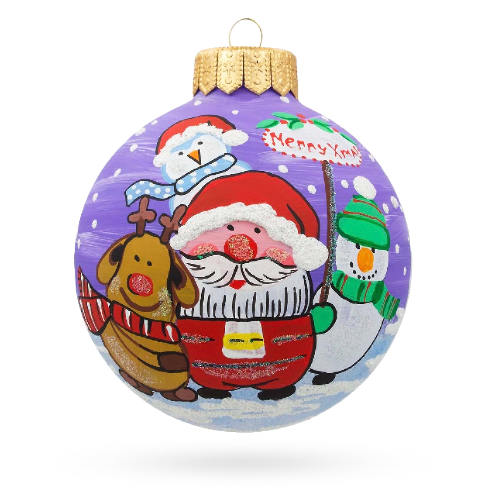 Santa, Reindeer, and Snowman Friends Glass Ball Christmas Ornament 3.25 Inches
