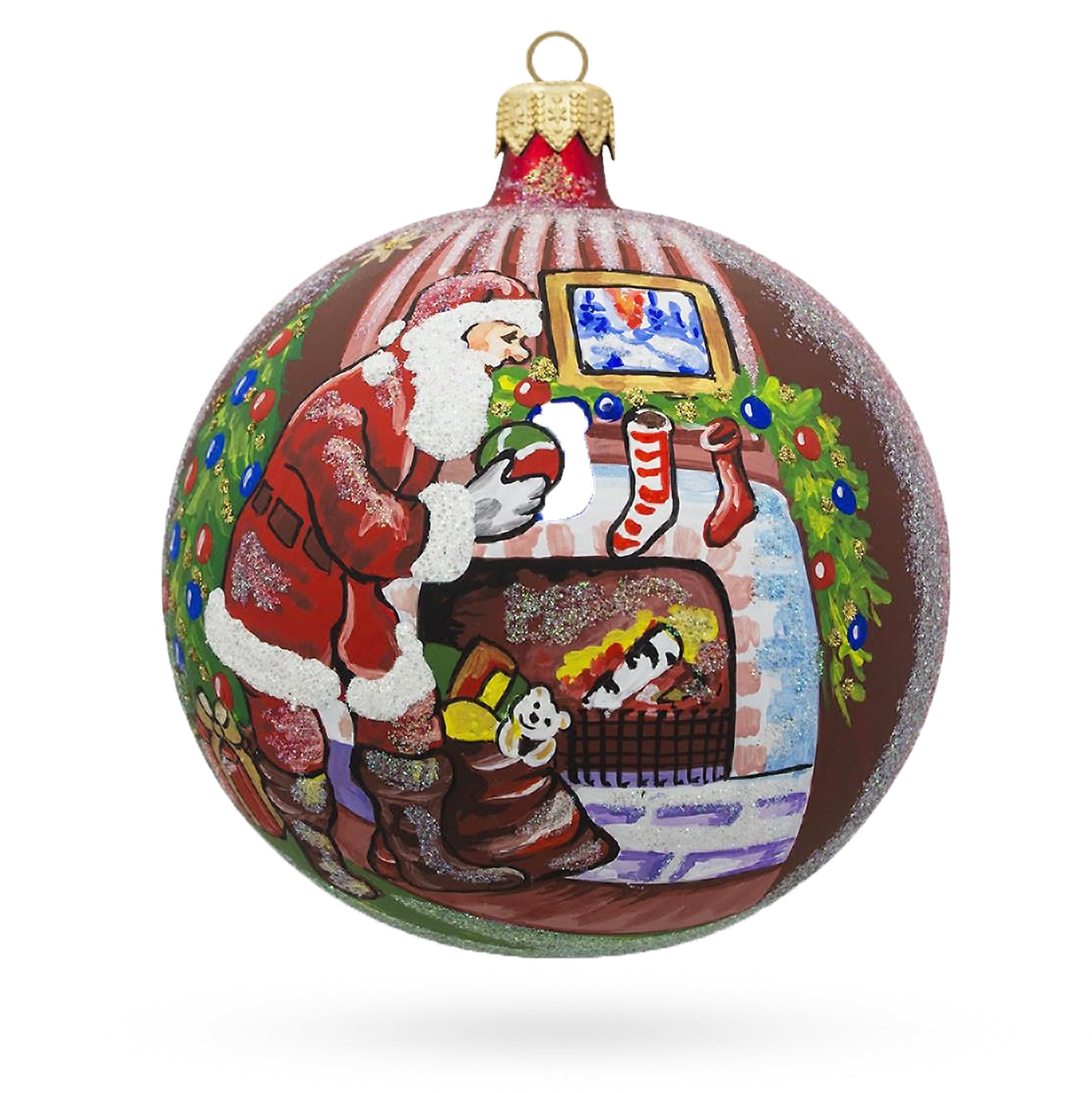 Santa Filling Stockings by a Cozy Fireplace Glass Ball Christmas Ornament 4 Inches BestPysanky