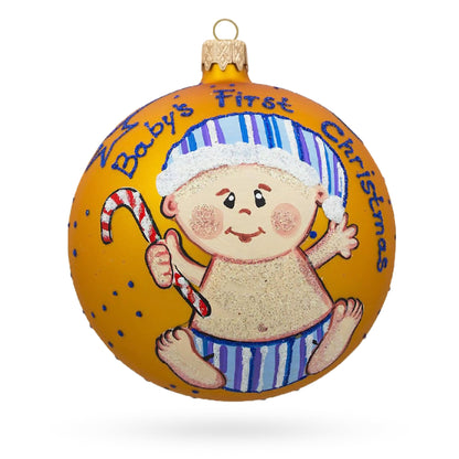 Boy with Candy Cane Glass Ball Baby's First Christmas Ornament 4 Inches