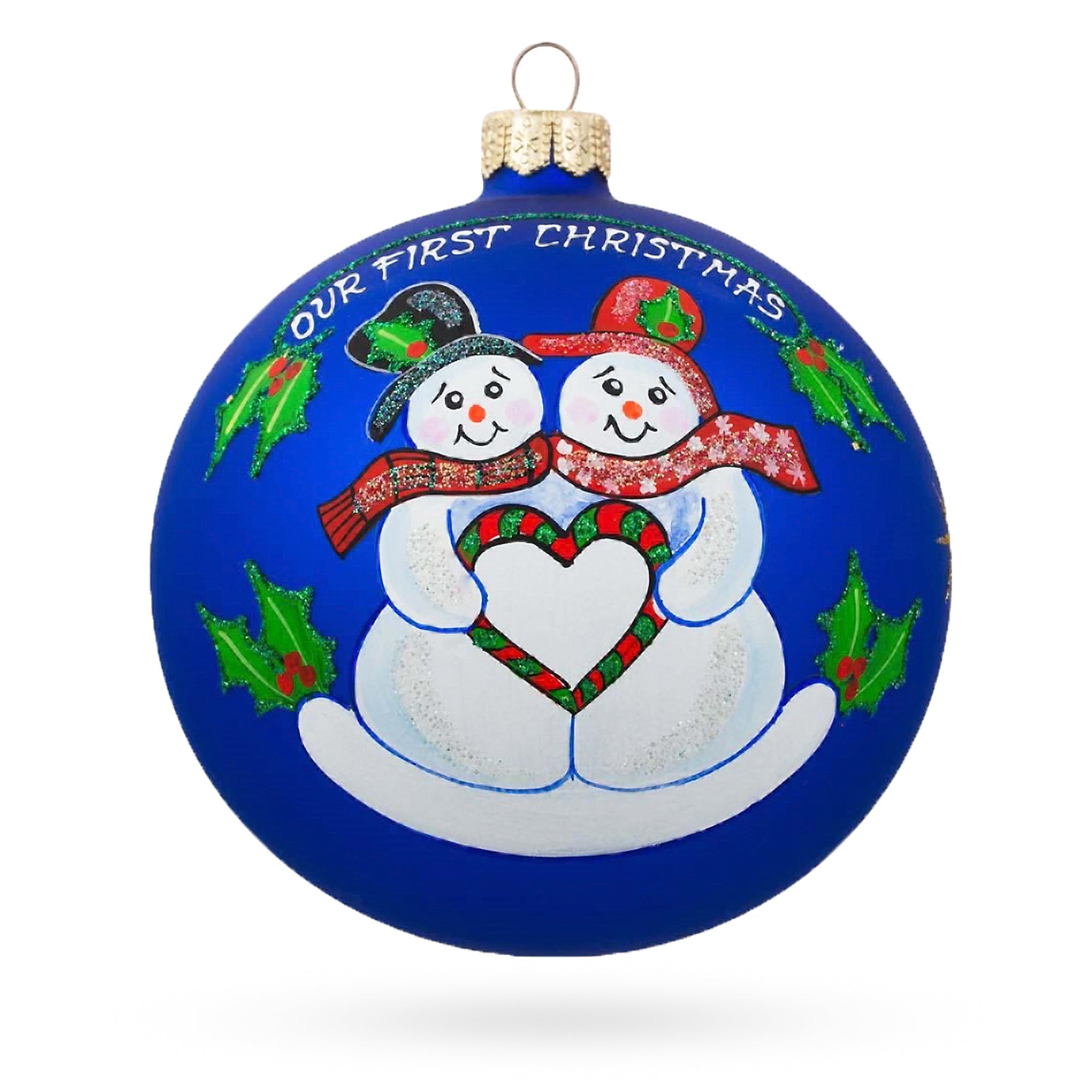 Snowman Sweethearts with Engraved Heart Glass Ball 'Our First Christmas' Ornament 4 Inches