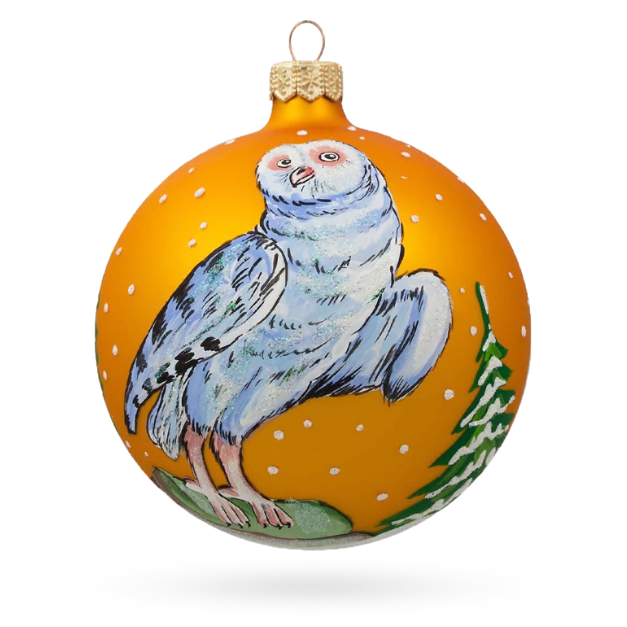 White Owl Perched by Winter Tree Glass Ball Christmas Ornament 4 Inches BestPysanky