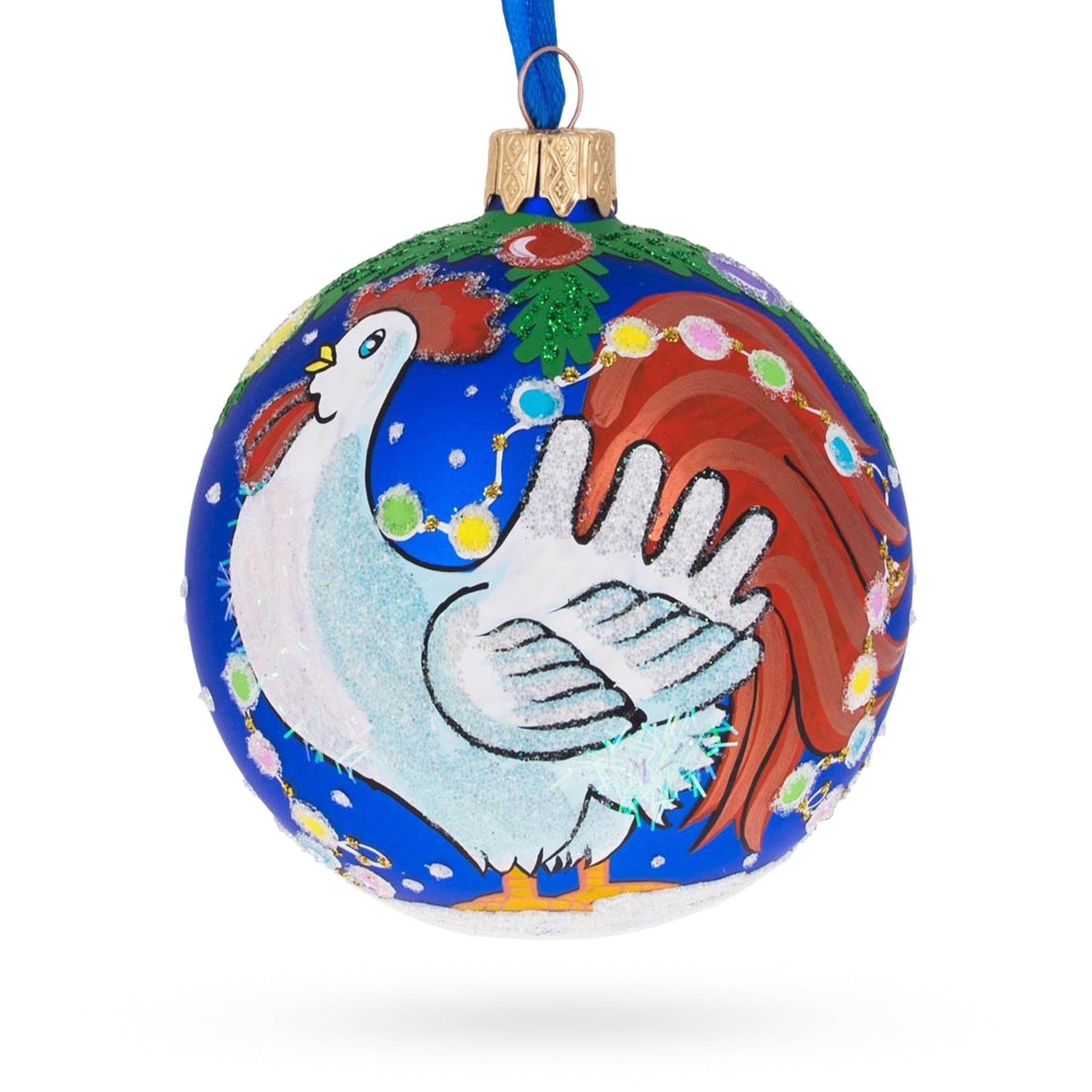 White Rooster Adorned with Holiday Lights Glass Ball Christmas Ornament 3.25 Inches