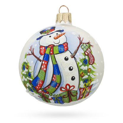 Snowman with Christmas Tree and Gifts Glass Ball Ornament 3.25 Inches