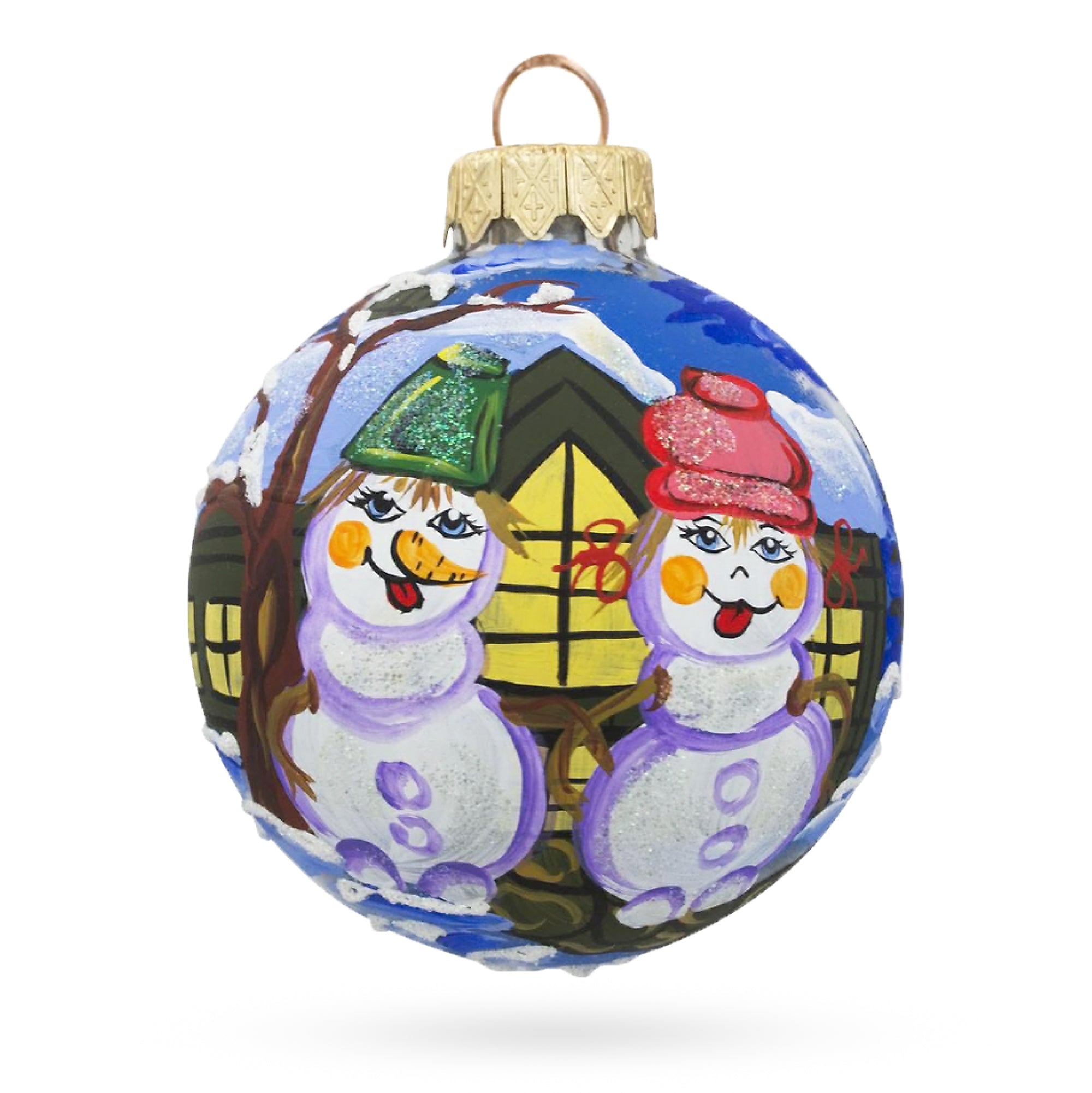 Snowman Couple Glass Ball Christmas Ornament 3.25 Inches
