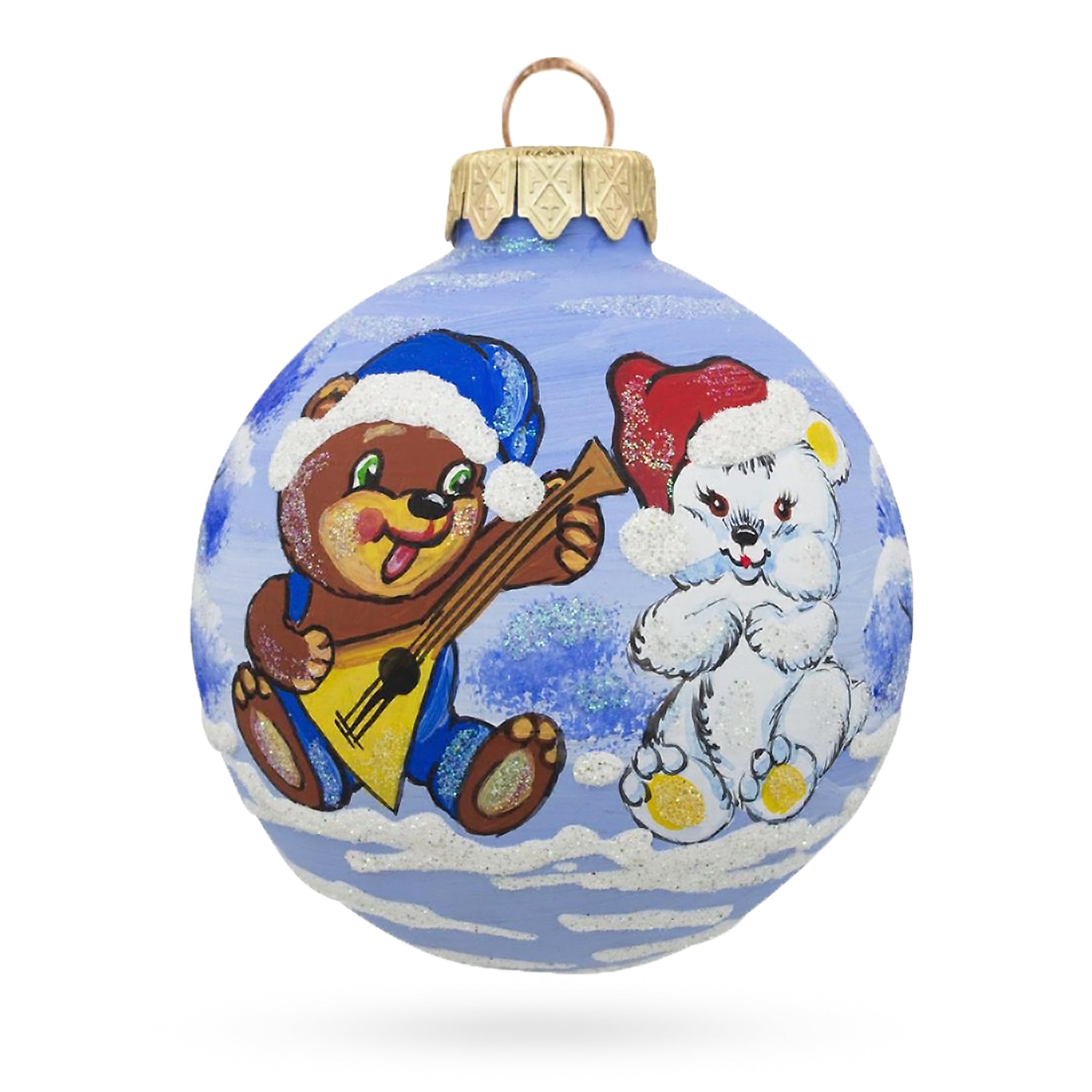 Bear with Balalaika and Santa Hat Glass Ball Christmas Ornament 3.25 Inches