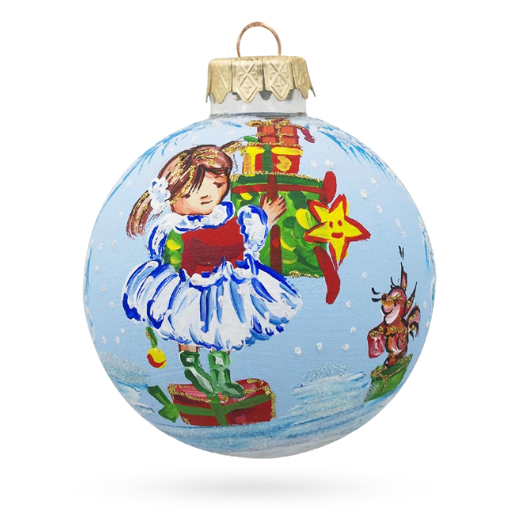 Little Girl Holding Gifts Glass Ball Christmas Ornament 3.25 Inches