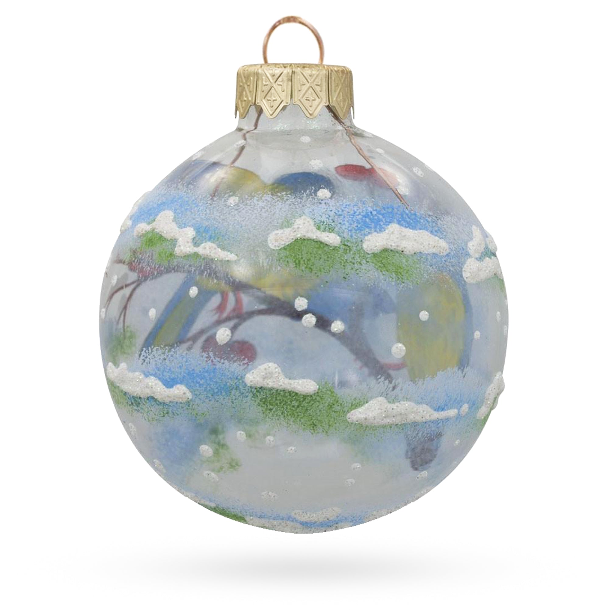 Blue and Yellow Birds on Branch Glass Ball Christmas Ornament 3.25 Inches