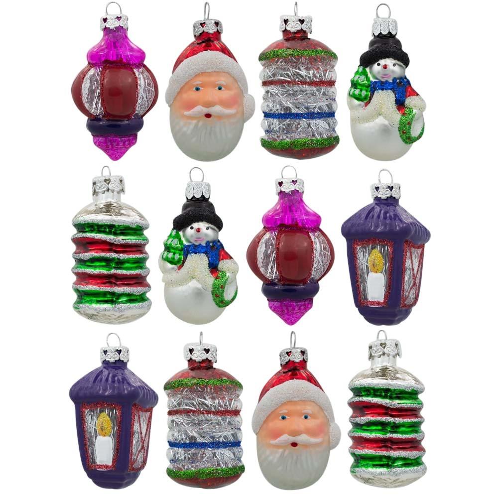 Set of 12 Santa, Snowman and Lantern Christmas Glass Ornaments 2.5 Inches BestPysanky