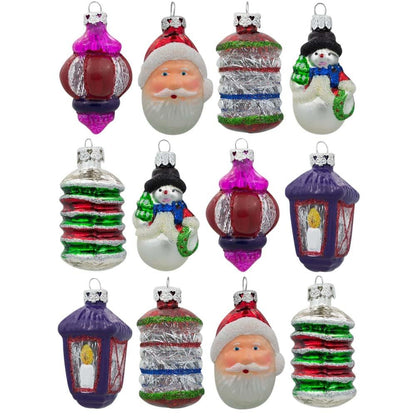 Set of 12 Santa, Snowman and Lantern Christmas Glass Ornaments 2.5 Inches BestPysanky