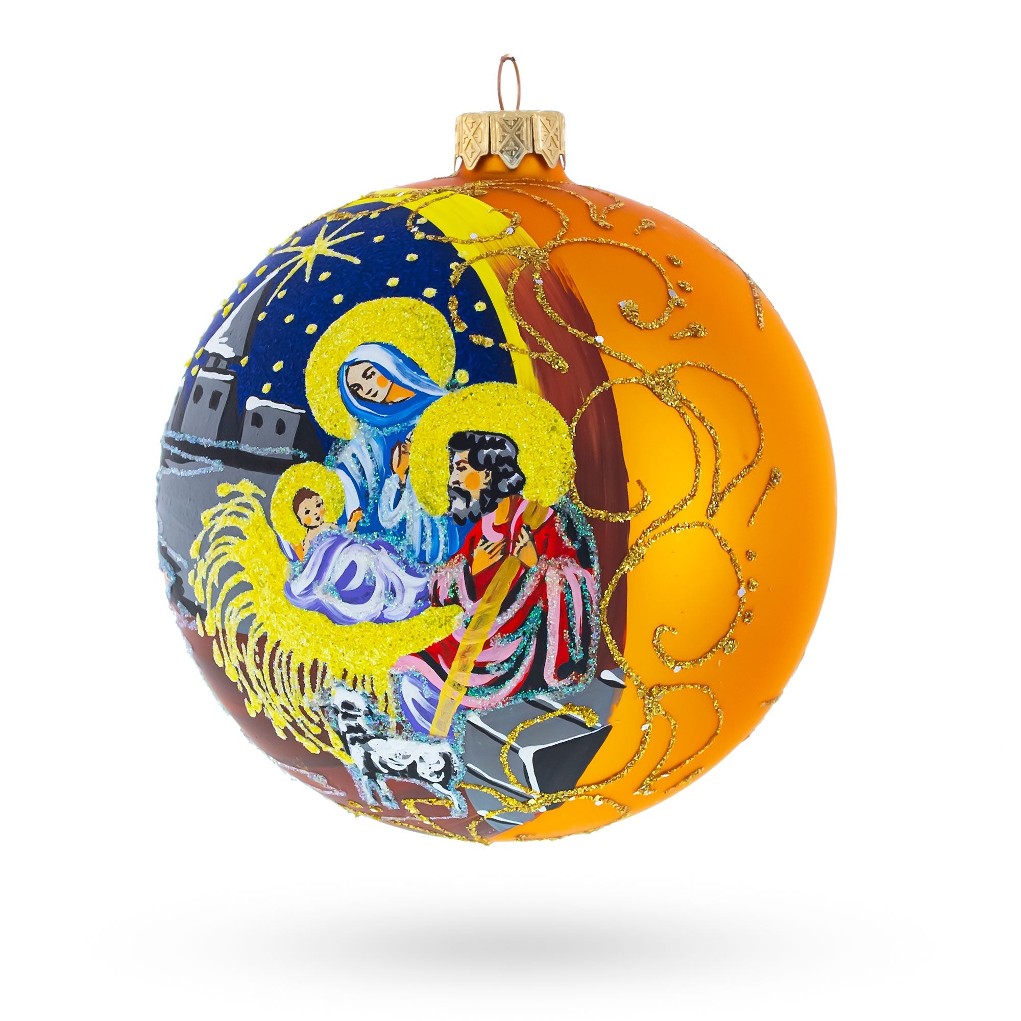 Sacred Nativity Scene on Gold Glass Ball Christmas Ornament 4 Inches