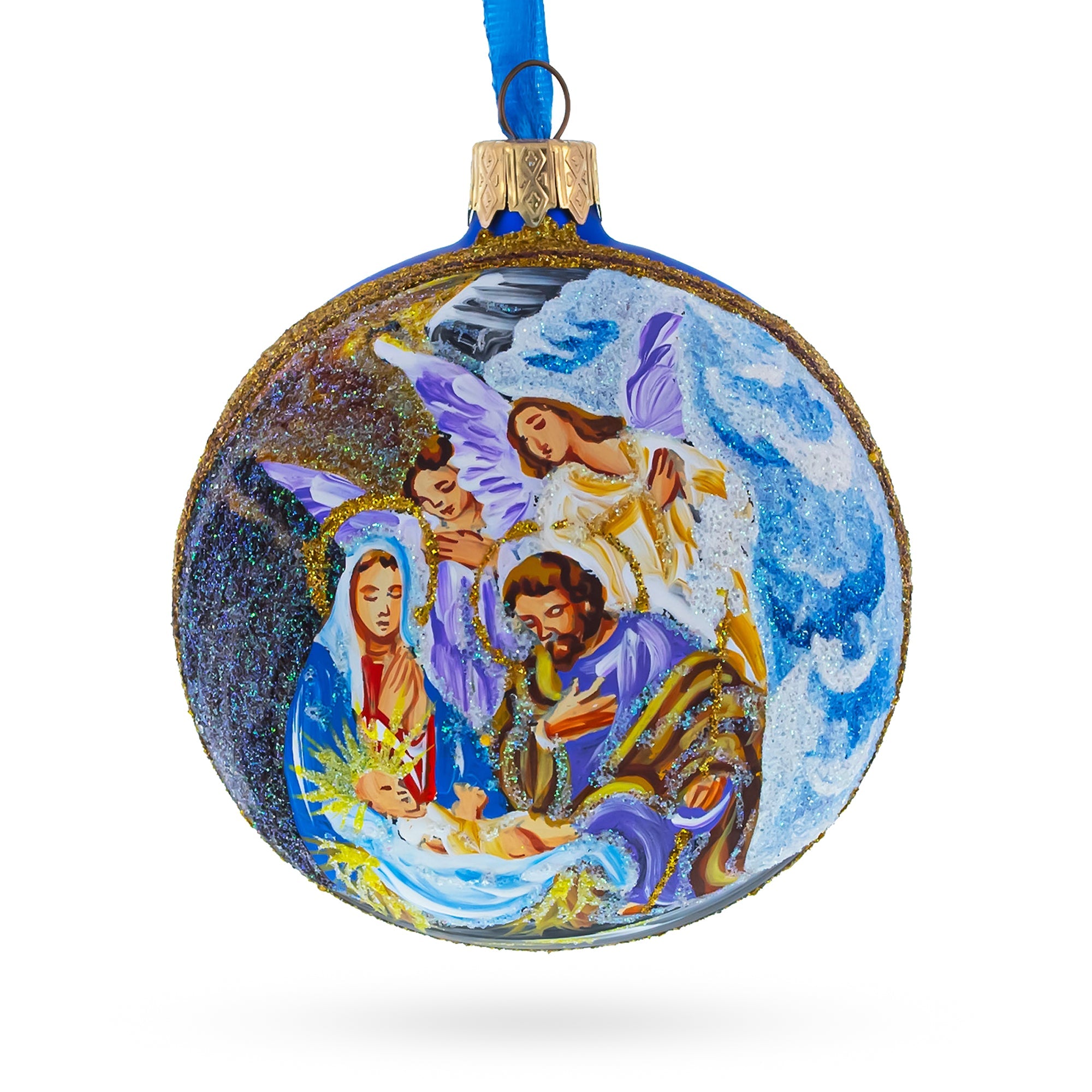 Divine Angels Admiring Jesus Nativity Scene Glass Ball Christmas Ornament 3.25 Inches