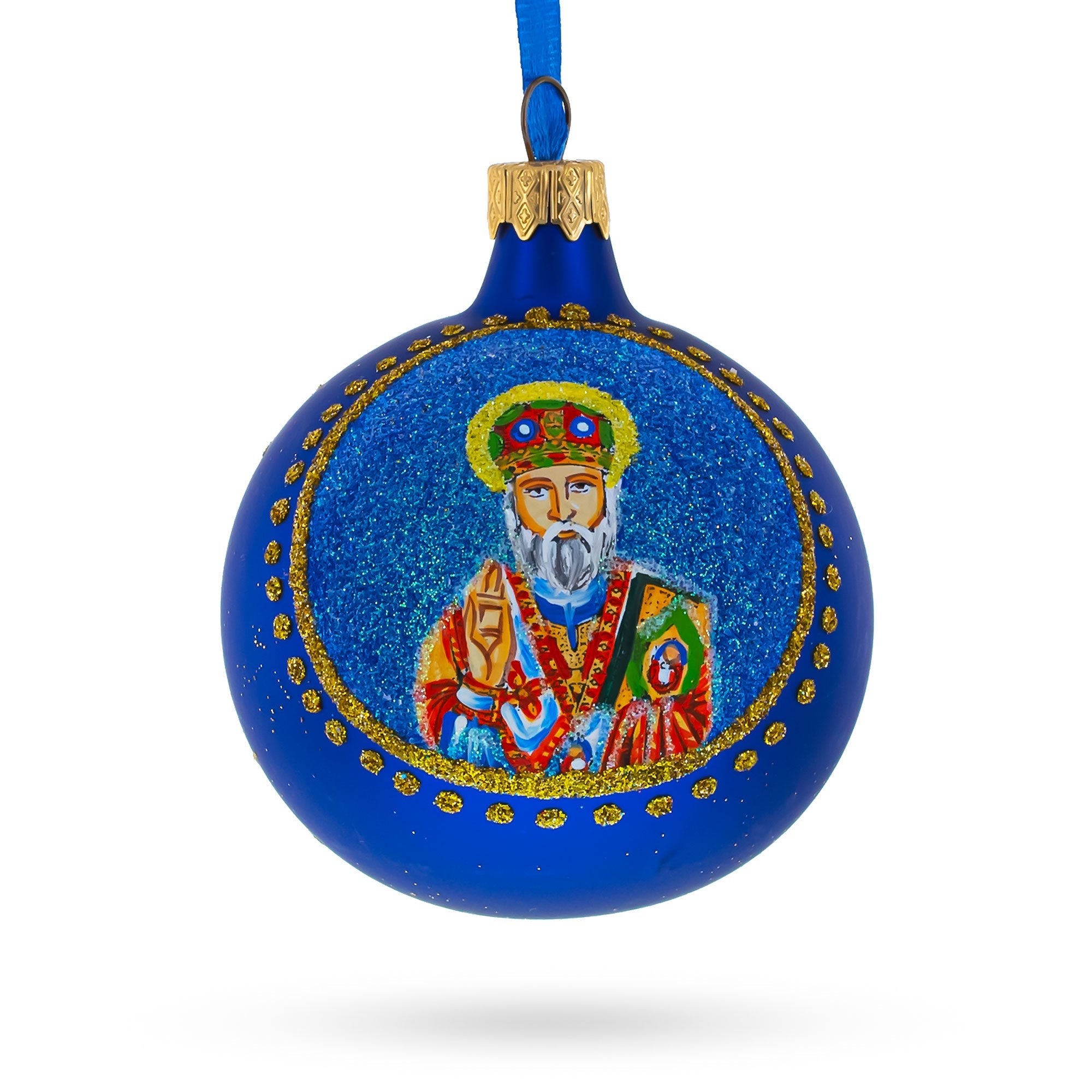 St. Nicholas with the Bible Ukrainian Glass Ball Christmas Ornament 3.25 Inches