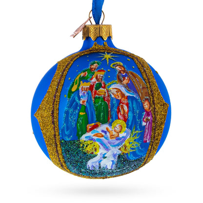 Sacred Nativity Gathering Glass Ball Christmas Ornament 3.25 Inches