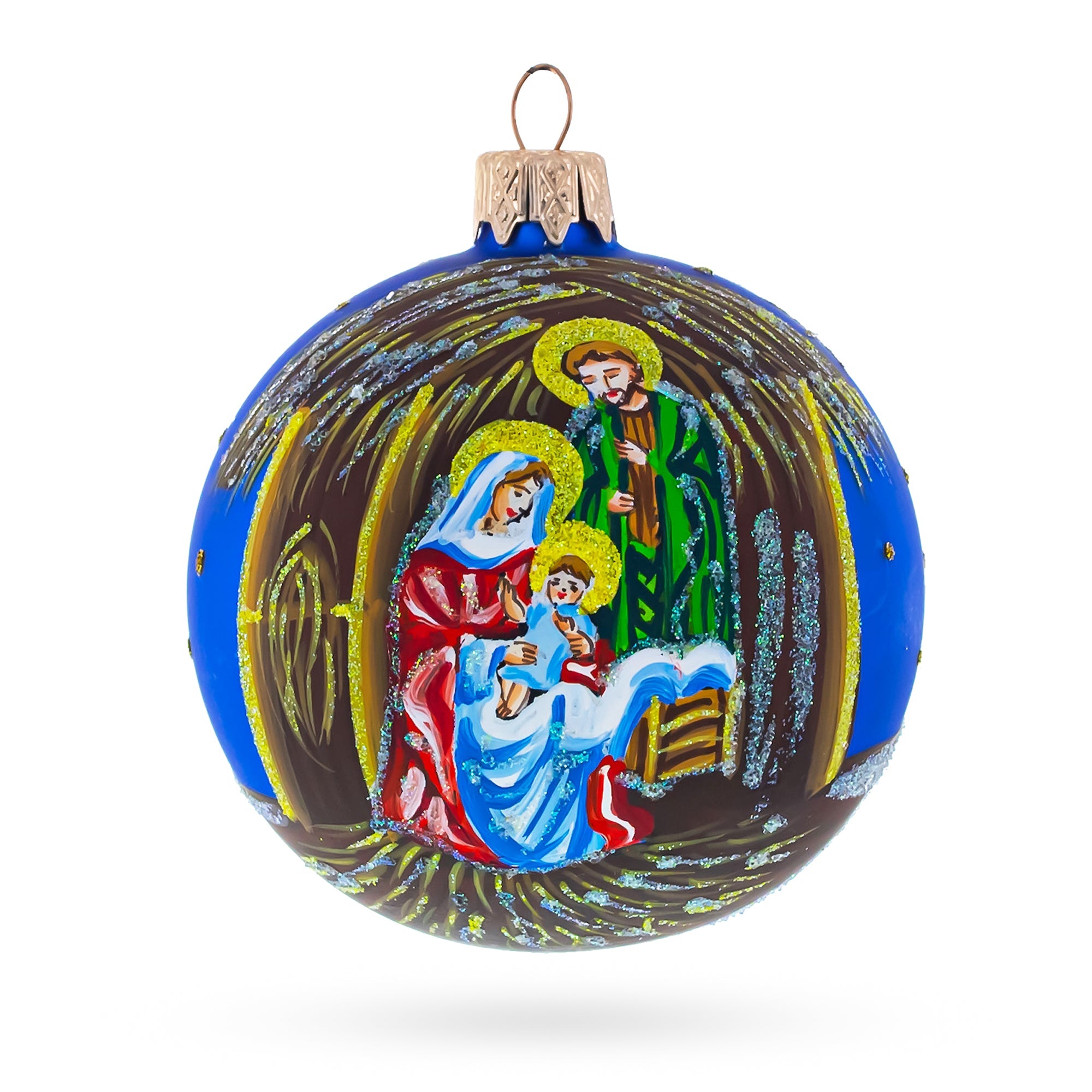 Timeless Nativity Scene in Manger Glass Ball Christmas Ornament 3.25 Inches