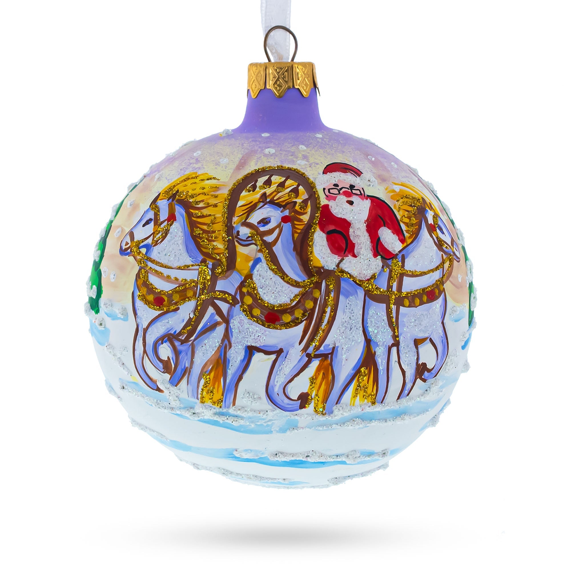 Majestic Santa in Winter Riding 3 White Horses Glass Ball Christmas Ornament 4 Inches