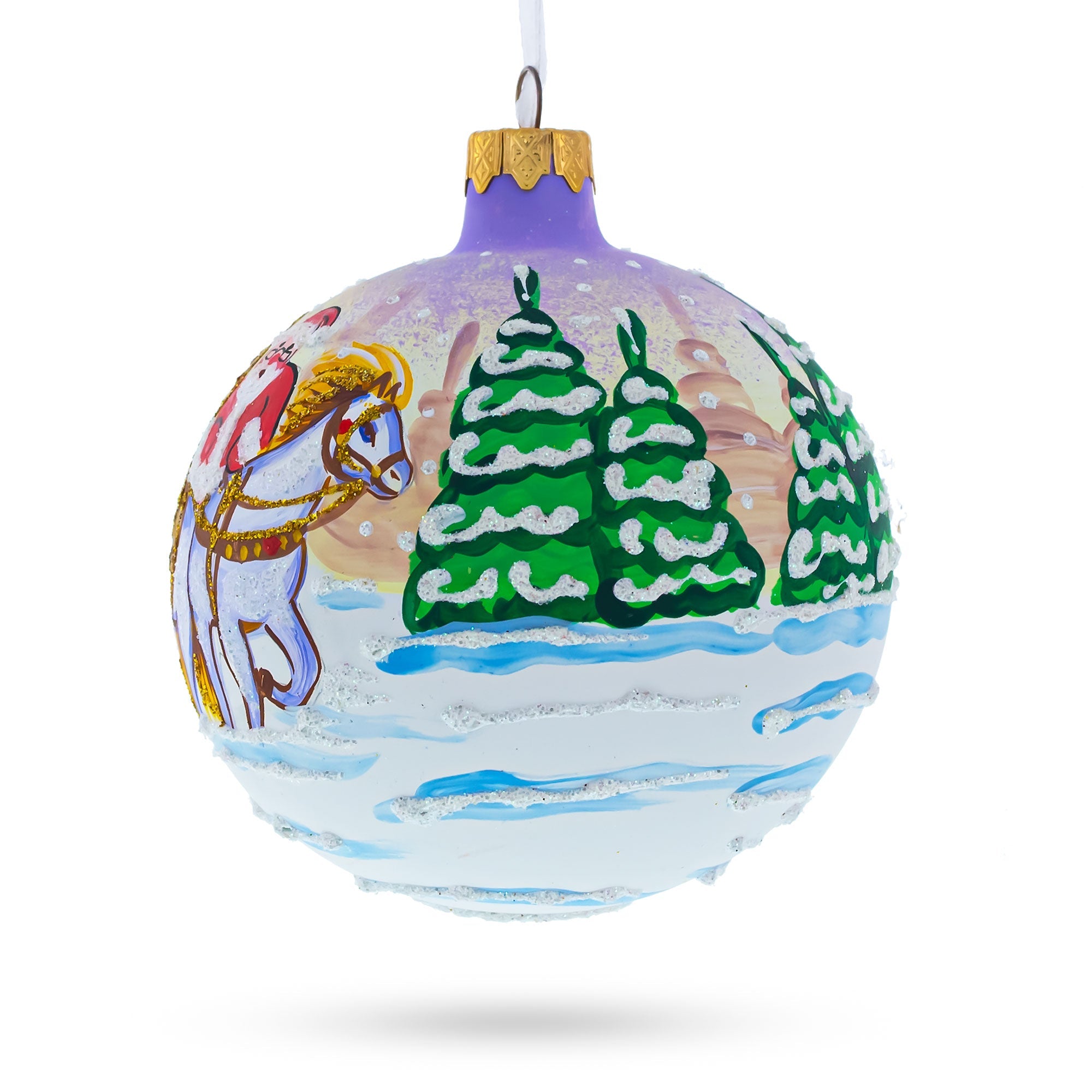 Majestic Santa in Winter Riding 3 White Horses Glass Ball Christmas Ornament 4 Inches