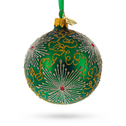 Dazzling Jeweled Snowflakes on Green Glass Ball Christmas Ornament 3.25 Inches