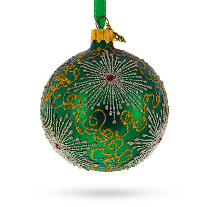 Dazzling Jeweled Snowflakes on Green Glass Ball Christmas Ornament 3.25 Inches