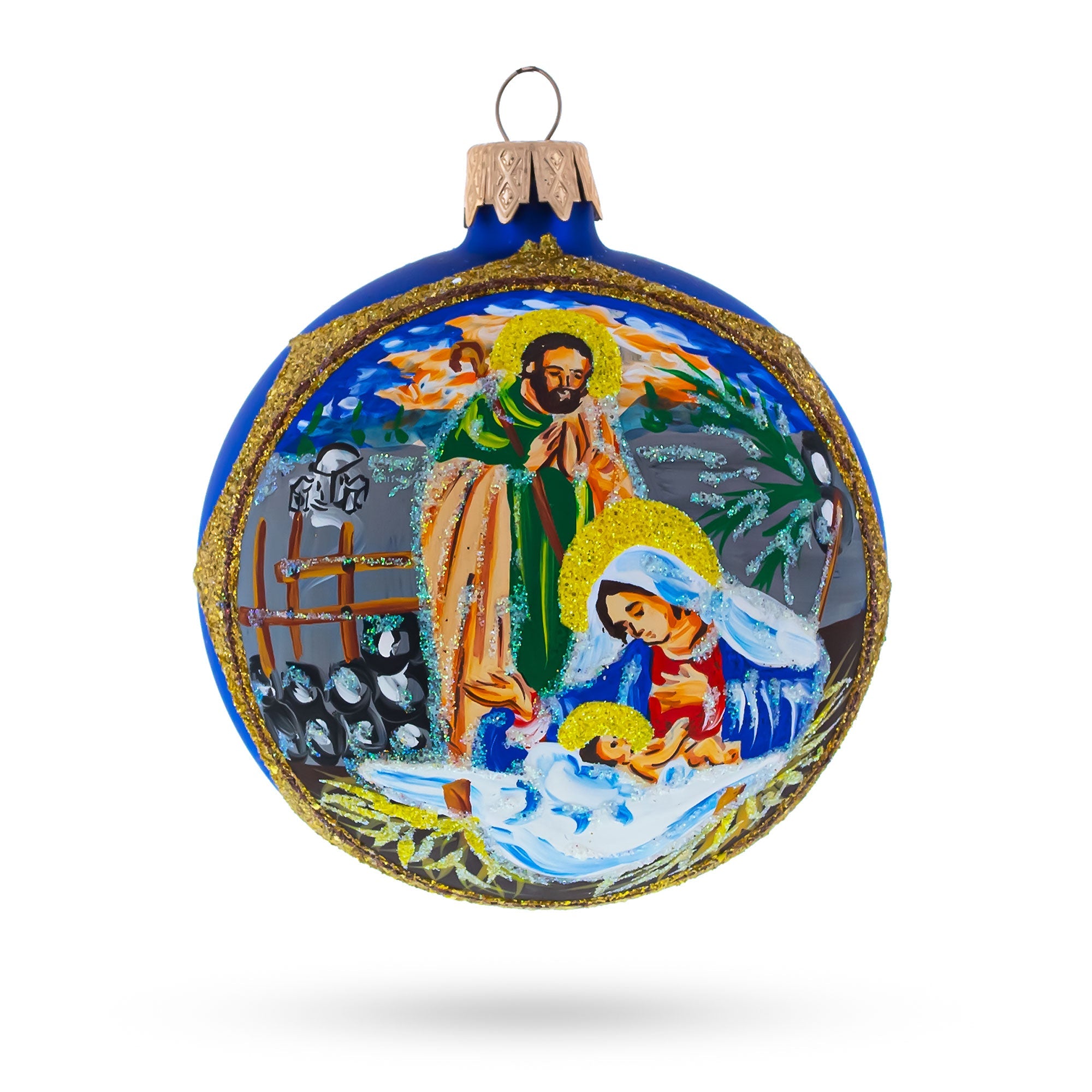 Loving Joseph and Mary Admiring Baby Jesus Glass Ball Christmas Ornament 3.25 Inches