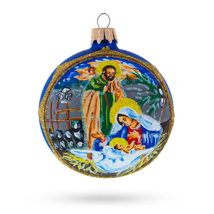 Loving Joseph and Mary Admiring Baby Jesus Glass Ball Christmas Ornament 3.25 Inches