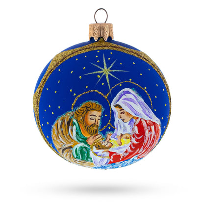 Joseph and Mary Admiring Baby Jesus Glass Ball Christmas Ornament 3.25 Inches