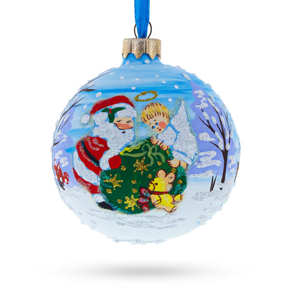 Santa and Angel Blessing Glass Ball Christmas Ornament 3.25 Inches