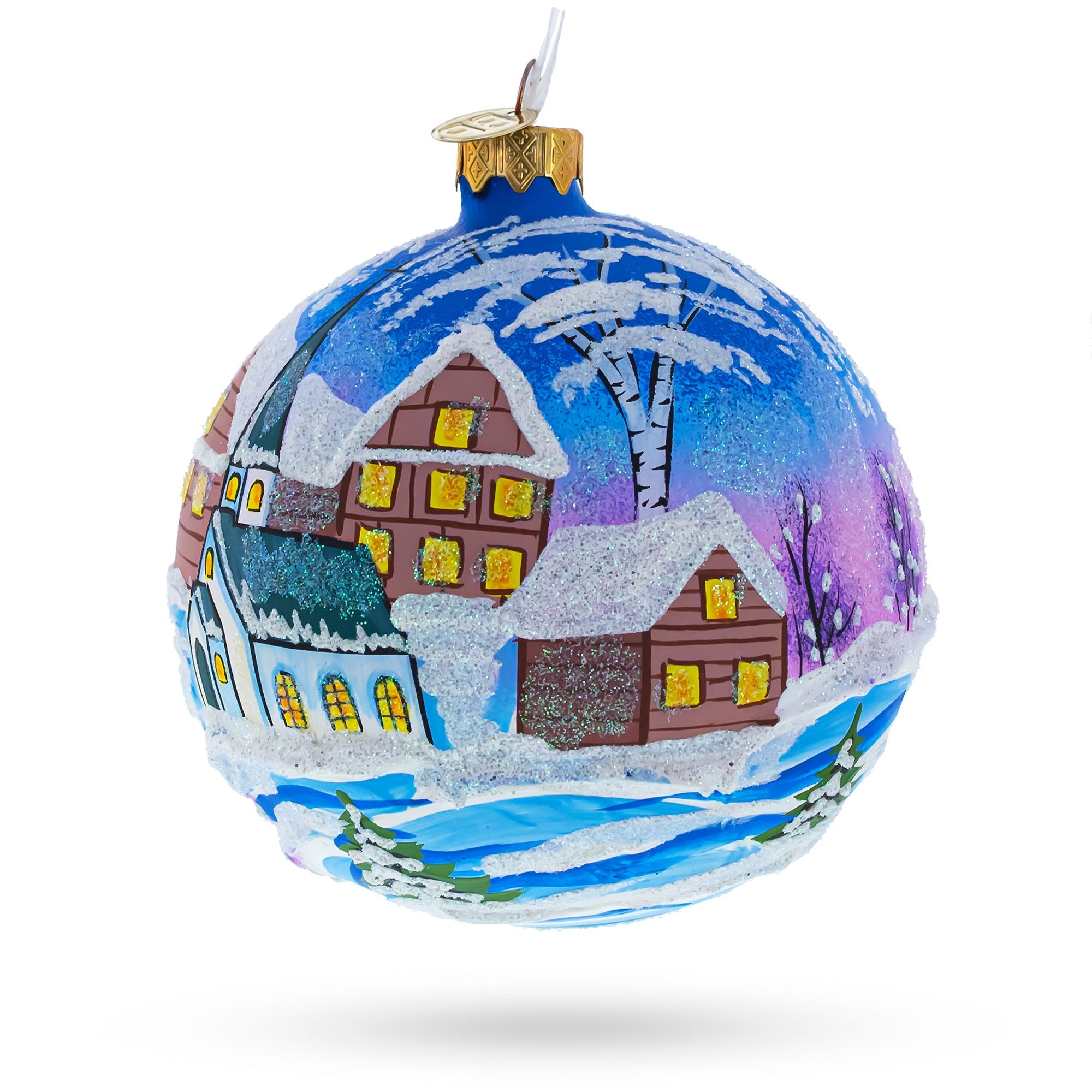 Ukrainian Winter Village Church Glass Ball Christmas Ornament 4 Inches