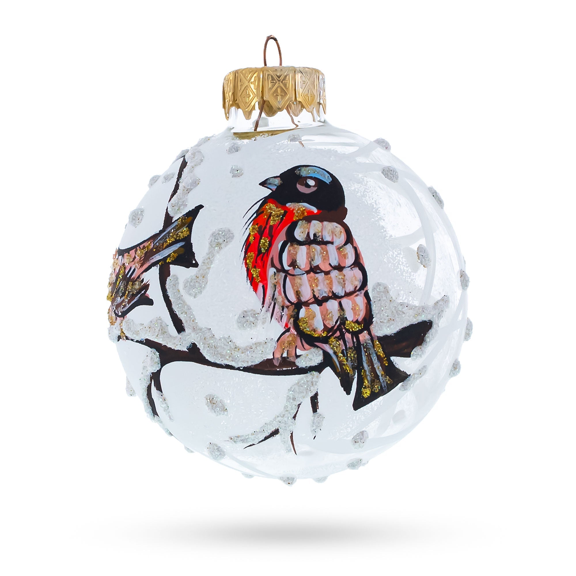 Red Finch on Snow Branch Glass Ball Christmas Ornament 3.25 Inches