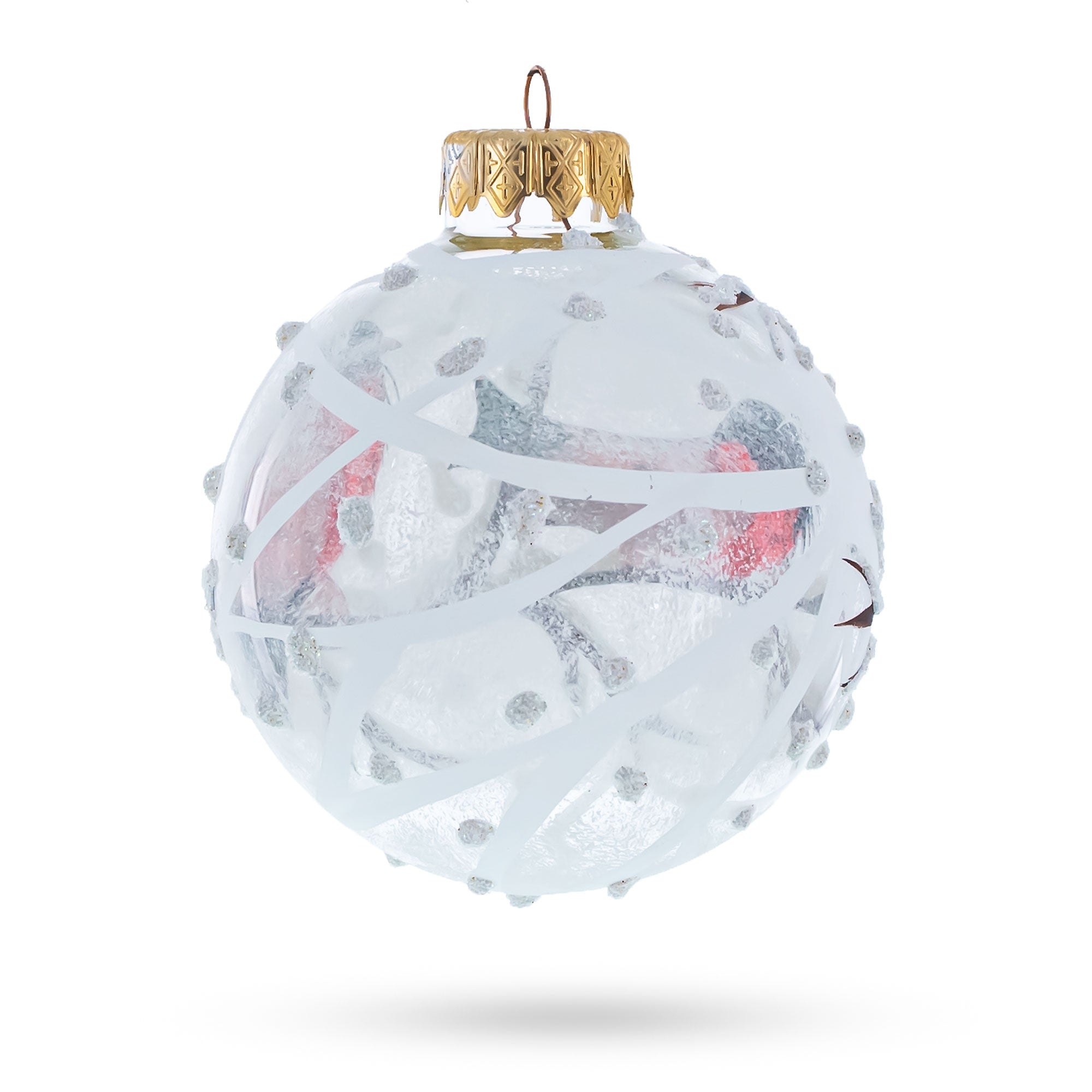 Red Finch on Snow Branch Glass Ball Christmas Ornament 3.25 Inches