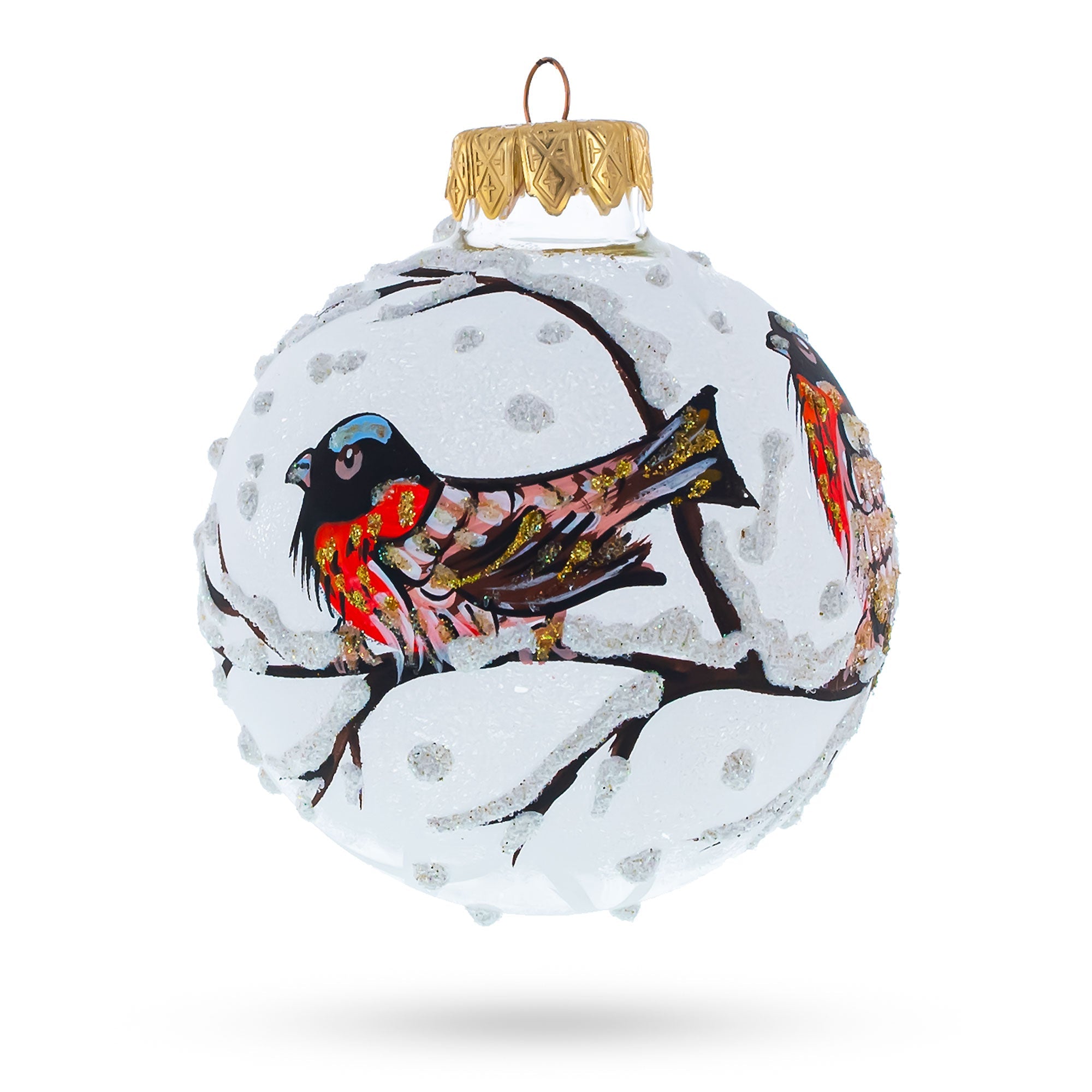 Red Finch on Snow Branch Glass Ball Christmas Ornament 3.25 Inches