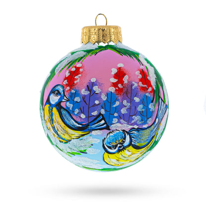 Songbirds in Winter Scene Glass Ball Christmas Ornament 4 Inches